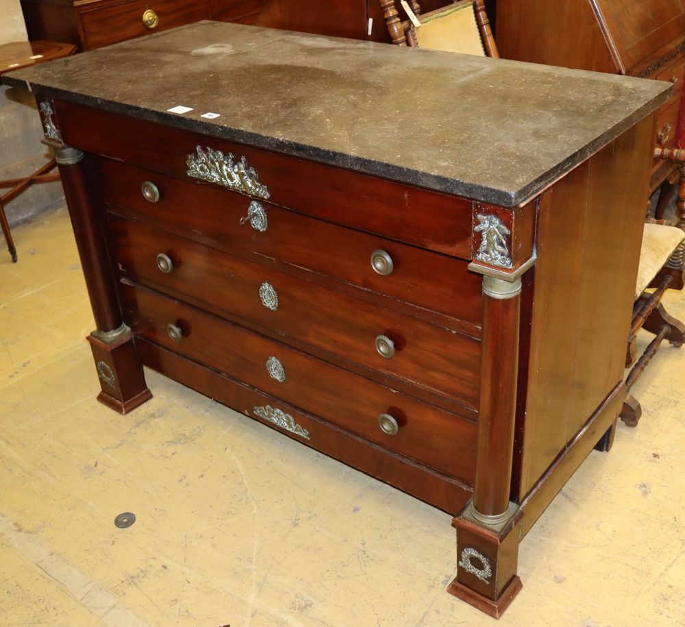 A French Empire ormolu mounted mahogany marble topped commode, fitted four long drawers, W.131cm, D.63cm, H.92cm